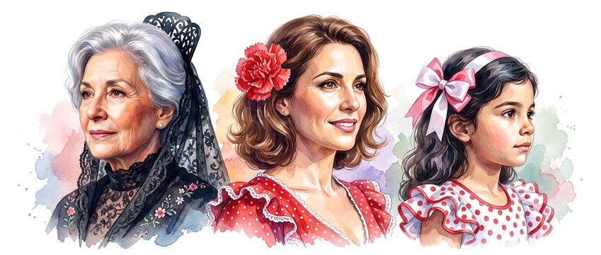 panoramic watercolor portrait of three generations of Hispanic women in traditional dresses. Hispanic Heritage Month, family ancestry and lineage concept.