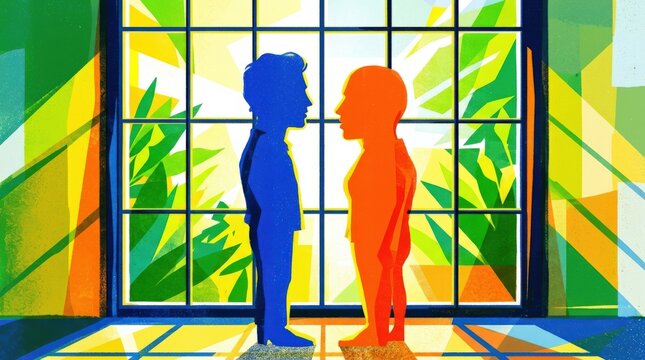 Two vivid human silhouettes facing one another near a sunlit window, bold editorial illustration in orange, cobalt blue, yellow and green, simplified profiles, graphic light shapes, communication and