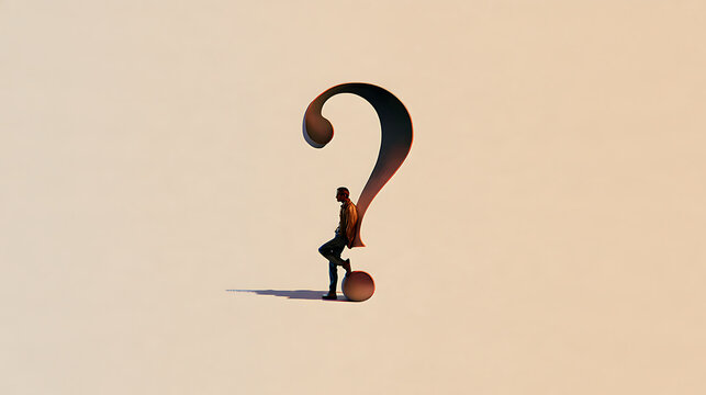 Question Mark. A character leaning against a question mark, deep in thought.
