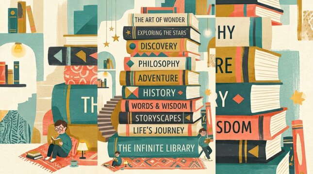 Towering stack of oversized books with a tiny reader leaning against the side, whimsical editorial illustration, cream, teal, mustard, coral and charcoal palette, exaggerated scale contrast, clean
