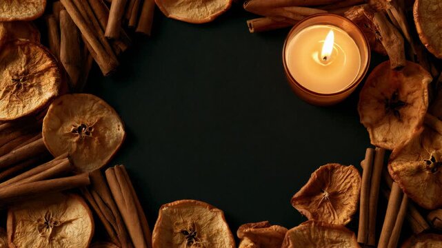 Burning candle with dried orange slices and cinnamon sticks on dark background. Autumn flat lay frame with copy space. Cozy fall atmosphere and hygge concept