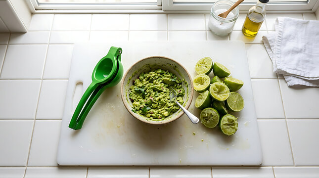 Fresh homemade guacamole with squeezed lime halves on a cutting board