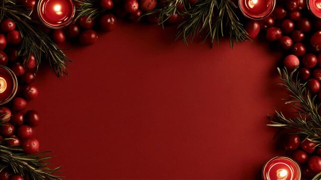 Festive frame of cranberries, pine branches and burning candles on red background. Autumn and winter holiday border with copy space.