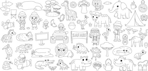 Fototapeta premium Safari black and white animals set for kids. Vector African line birds, trees, plant collection. Cartoon savanna pack. Cute lion, elephant, zebra, giraffe clipart. Savannah wildlife coloring page