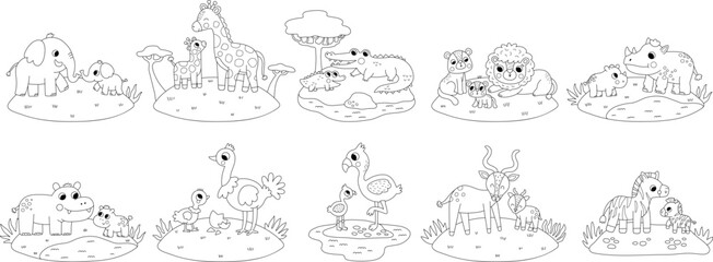 Fototapeta premium Vector black and white African animal scenes set. Savanna line collection with elephant, lion, zebra, giraffe, rhino, crocodile, antelope, and babies. Cute safari mother and baby coloring page