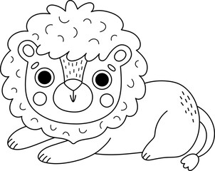 Obraz premium Vector cartoon black and white lion. Funny African or safari animal clipart. Cute savannah icon for kids. Line savanna element. Africa wildlife illustration, coloring page