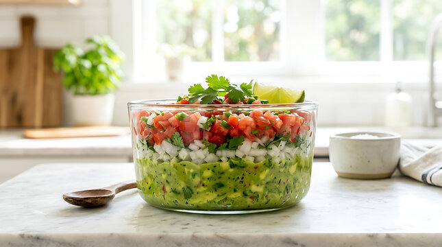 Layered guacamole and fresh pico de gallo dip in a glass bowl on a marble kitchen counter
