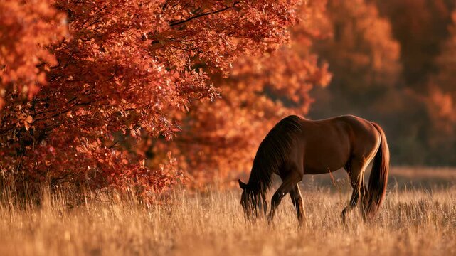 Brown horse grazing in golden meadow under orange autumn trees. Wild stallion standing and eating dry grass in fall forest.