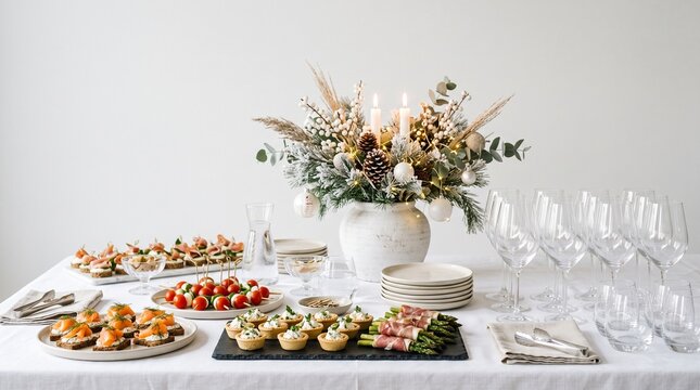 Elegant holiday conference room buffet with gourmet canapes and festive table setting