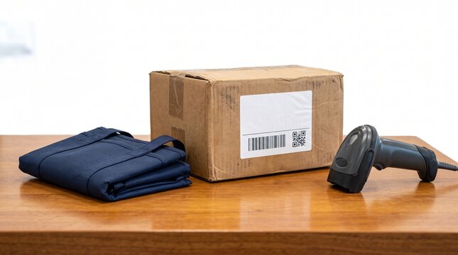 Returned parcel with folded bag and barcode scanner on wooden table