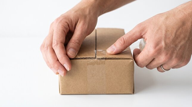 Hands sealing a cardboard parcel box with packing tape on white background