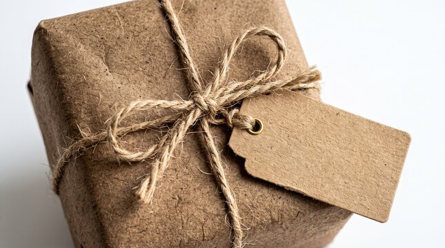 Rustic kraft wrapped gift with blank tag and twine on white background
