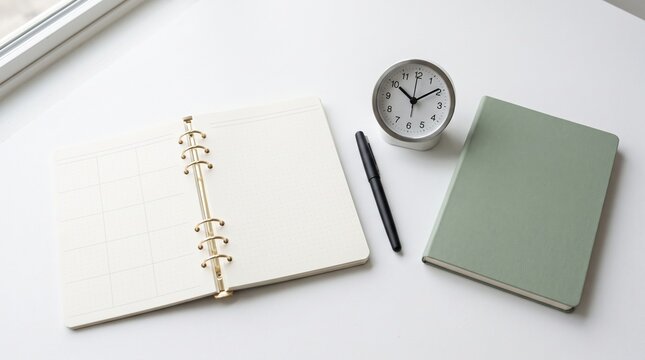 Minimal desk setup with planner notebook pen clock and green journal on white background