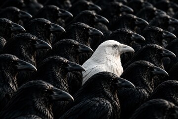 Obraz premium Single White Raven Standing Out In A Crowd Of Black Ravens Concept Of Individuality Uniqueness Leadership And Non Conformity