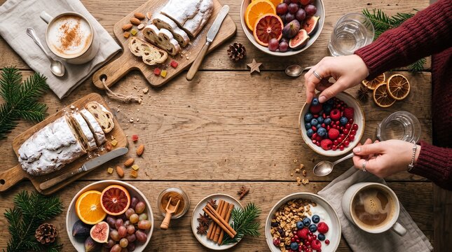 Festive Christmas breakfast spread with stollen, fresh berries, fruit, granola, and coffee on a wooden table