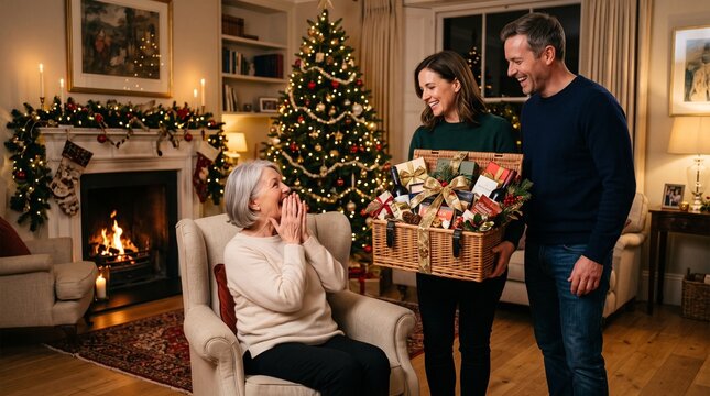 Family surprises overjoyed grandmother with a festive Christmas gift hamper in a warmly decorated living room