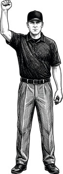 A baseball umpire in a dark polo shirt cap and checked trousers stands with one fist raised high signaling an out call drawn in detailed vintage engraving style on white