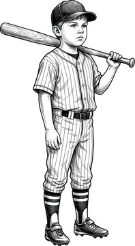 A young boy in a pinstriped baseball uniform and cap stands holding a wooden bat over his shoulder with a serious expression drawn in detailed vintage engraving style on white