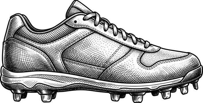 A baseball cleat shoe seen from the side with laces stitched leather panels and spiked sole drawn in detailed vintage engraving style with fine hatching on a plain white background