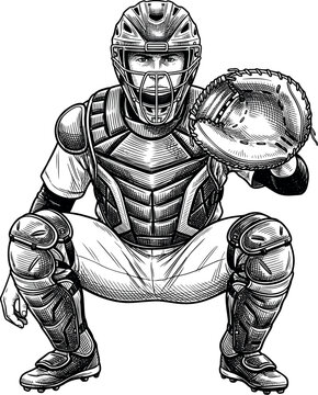 A baseball catcher in full protective gear with a helmet mask chest protector and leg guards crouches holding an open mitt drawn in detailed vintage engraving style on white