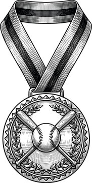 A round baseball medal hanging on a striped ribbon with a ball crossed bats and a laurel wreath embossed on the face drawn in detailed vintage engraving style on white background