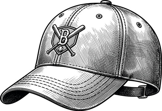 A baseball cap with a curved brim and a crossed bats emblem with a letter on the front panel shown from a three quarter angle drawn in detailed vintage engraving style on white