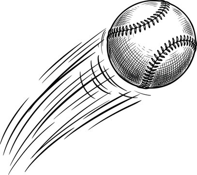 A flying baseball with visible stitching and long curved motion lines streaking behind it drawn in expressive black ink sketch style on a plain white background