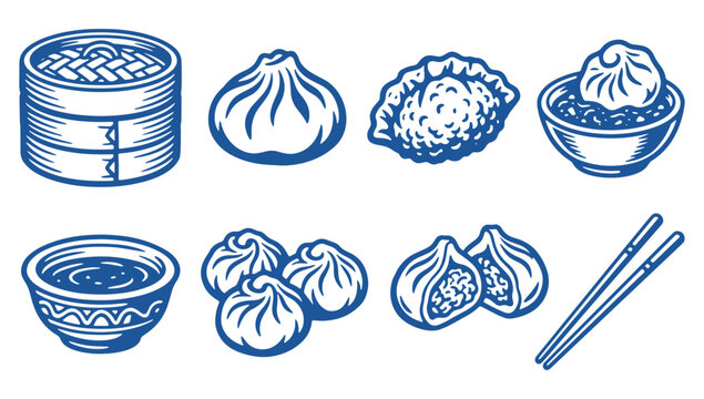 Set of Traditional Chinese Dumpling Icons Featuring Steamer Basket Bowl and Chopsticks Vector Illustration