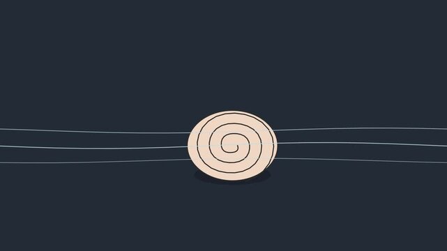 Minimalist graphic animation featuring three repeating spiral shapes connected by thin horizontal lines on dark background