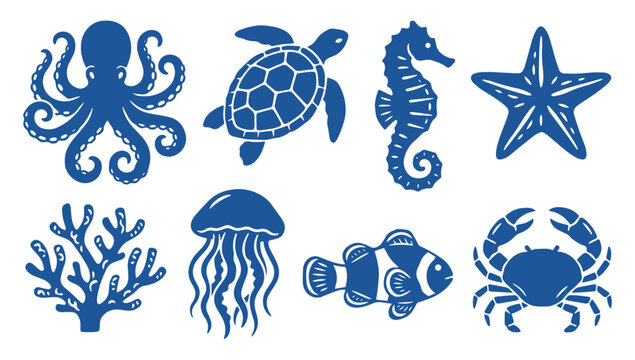 Set of hand drawn blue sea animals and marine life vector icons