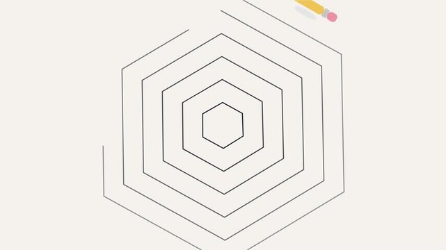 Animated pencils drawing concentric hexagon geometric patterns on minimalist background with captures multiple animated creative