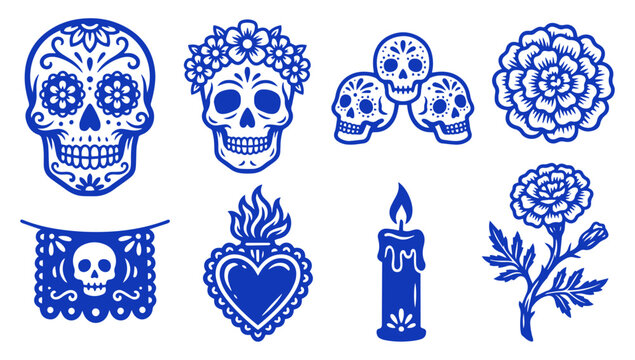 Day of the Dead sugar skull icon set with traditional Mexican holiday festival elements