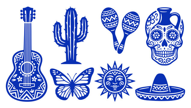 Mexican culture themed graphic set featuring guitar skull cactus maracas and traditional symbols