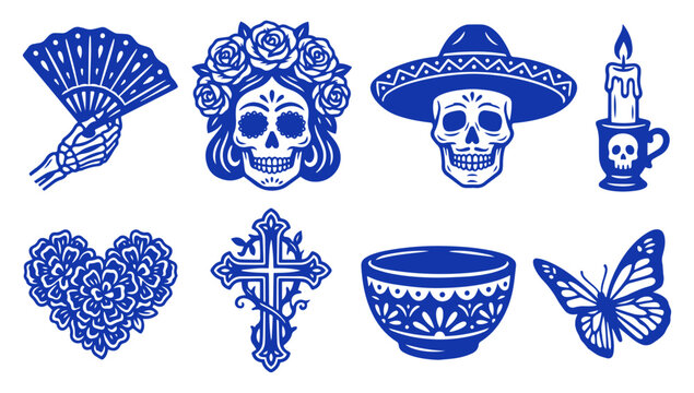 Dia de los Muertos icons collection with sugar skulls, flowers, and traditional Mexican symbols