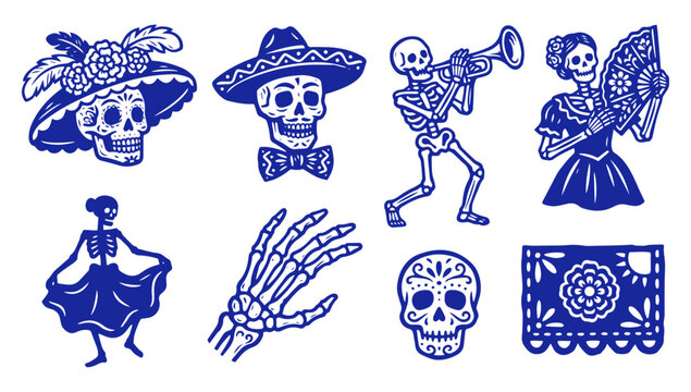 Dia de los Muertos skeleton icons and sugar skull illustrations for Mexican holiday festival