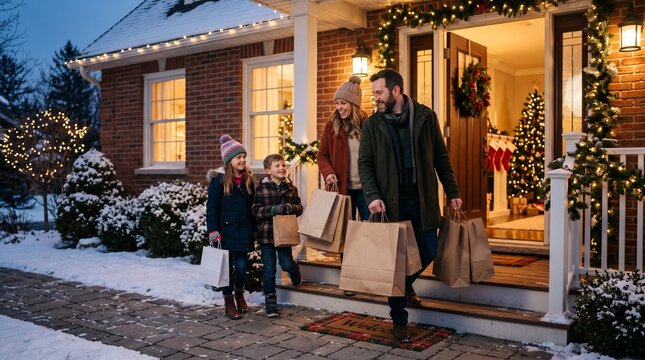 Family arrives home with shopping bags on a snowy evening with Christmas decorations