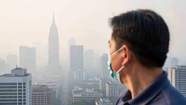Urban Smog Overload: A man wearing a face mask looks out over a city skyline obscured by thick smog and pollution, highlighting the environmental challenges of urban living.