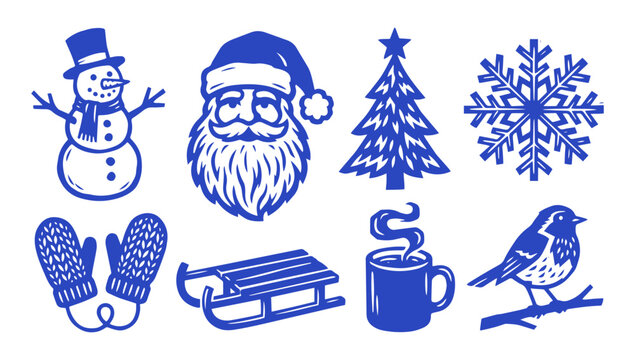 Set of blue Christmas and winter holiday icons for festive design projects