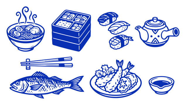 Japanese food icons set featuring sushi, ramen, tempura, and traditional kitchen dinnerware illustrations