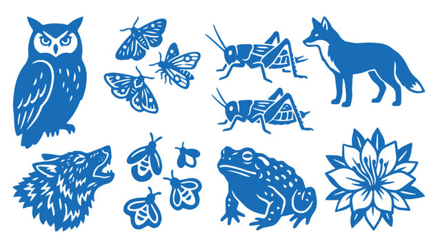 set of blue silhouette forest animals insects and flowers design elements on white