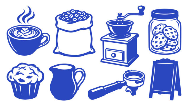 Coffee shop icons set featuring espresso cup, coffee beans, grinder, cookies and pastries