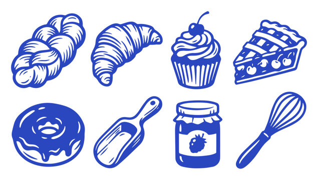 Set of blue bakery icons featuring fresh pastries, sweet desserts, and kitchen baking tools