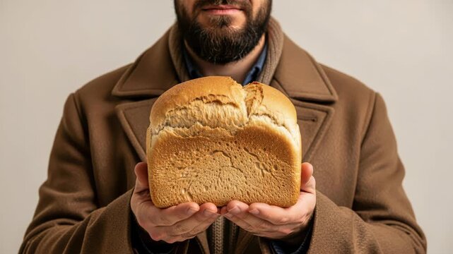 Hearty Loaf, Warm Hands: A man with a beard and a warm coat holds a freshly baked loaf of bread, its golden crust promising comfort and sustenance.