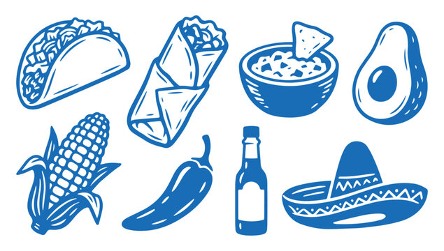 Set of Hand Drawn Mexican Food Icons Featuring Tacos Burritos and Traditional Ingredients