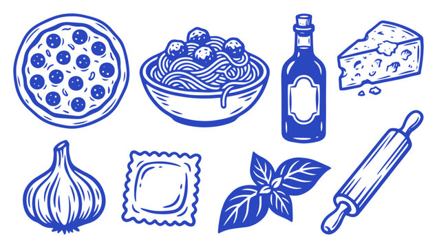 Hand drawn vector illustration set featuring various classic Italian food and cooking ingredients