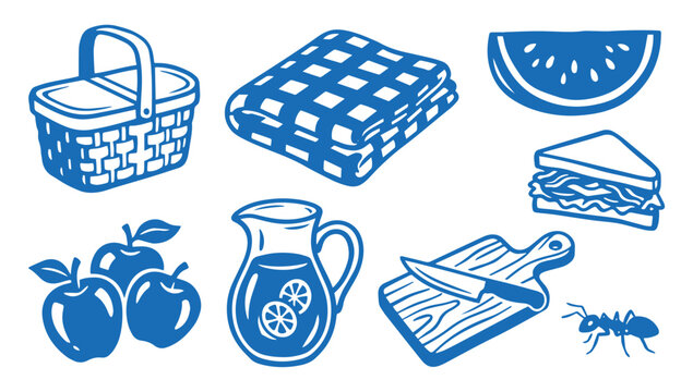 picnic items vector set with basket blanket watermelon sandwich fruits lemonade and ant elements