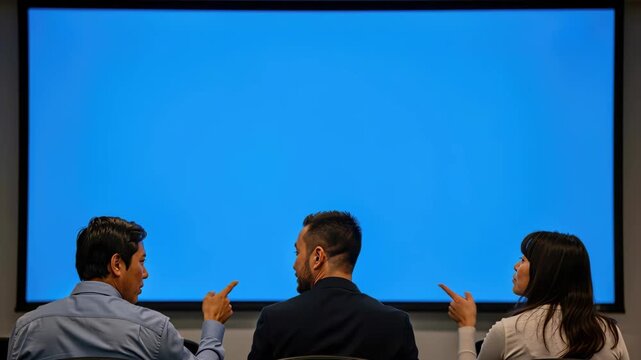 Team Discussion on Blue Screen: Three colleagues engage in a discussion, pointing towards a large, blank blue screen, perhaps a presentation display or a shared digital workspace.
