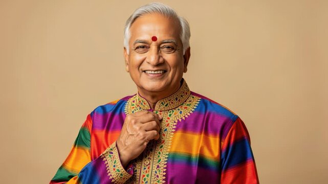 Vibrant Spirit: An elderly Indian man with a warm smile and traditional attire, adorned in a colorful, embroidered kurta, exudes a cheerful and lively demeanor.