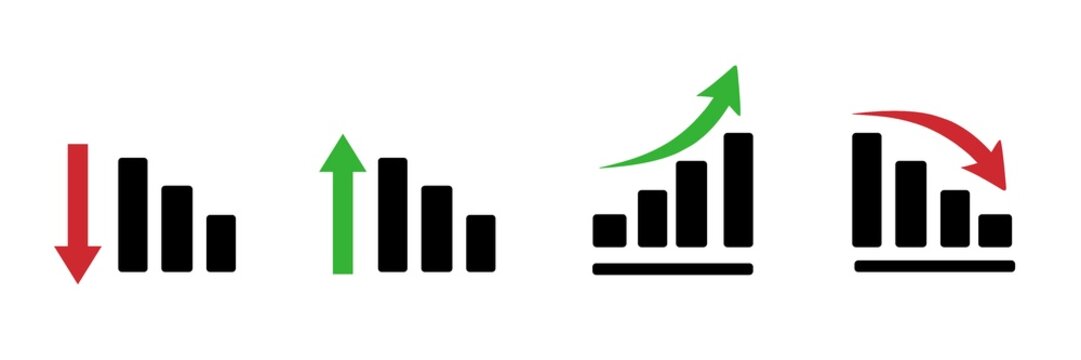 Business Bar Chart Icons with Green Growth and Red Decline Arrows