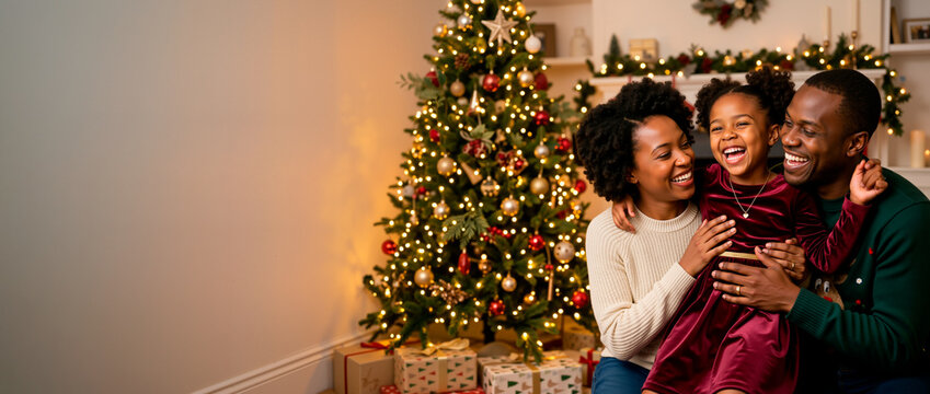 Black family celebrating Christmas beside a decorated tree. Parents hugging and laughing with their young daughter. Wide holiday banner with copy space for text